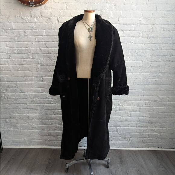 Vintage Black Suede Leather Trench Coat Fur Trim Leather Winter Jacket Large - Picture 3 of 11